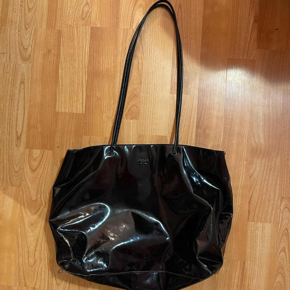 Authentic Black Prada Borsa In Pelle Patent Leather Tote